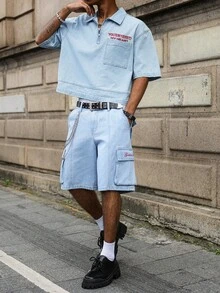 Manfinity EMRG Men's Casual Striped Embroidered Blue Denim Short Sleeve Shirt, Street Fashion - Light Wash - View 7