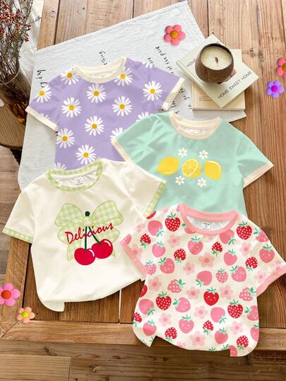 4pcs/Set Baby Girl Casual Minimalist Fruit, Flower Printed Round Neck Short Sleeve T-Shirts, Dopamine Color Palette Of Lavender, Mint Green, Fresh Green, Cream White, Suitable For Spring/Summer Daily Wear, Street Style, Outing, Vacation