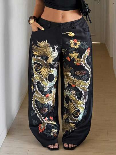 Maweii Plus Size Women's Sexy Casual Loose Printed Dragon Element Straight Leg Pants, Black