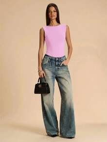Mono de mujer de unicolor casual con espalda descubierta, decoración de cadena metálica en el cuello, adecuado para playa, vacaciones, resort, trabajo casual, viajes, salidas de ocio, mono marrón, mono elegante y sexy con espalda descubierta - Rosa Pálido - Ver 3