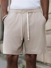 PAVTROS Men's Casual Cotton Blend Drawstring Waist Elastic Shorts - Khaki - View 6