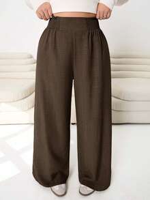 SHEIN CURVE+ Plus Size Solid Color Minimalist Casual Pants Fall - Brown - View 5