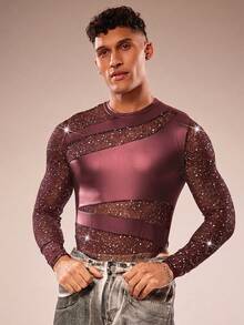 FeverCity Men's Long Sleeve Round Neck Mesh Patchwork Sexy Jumpsuit - Red - View 1