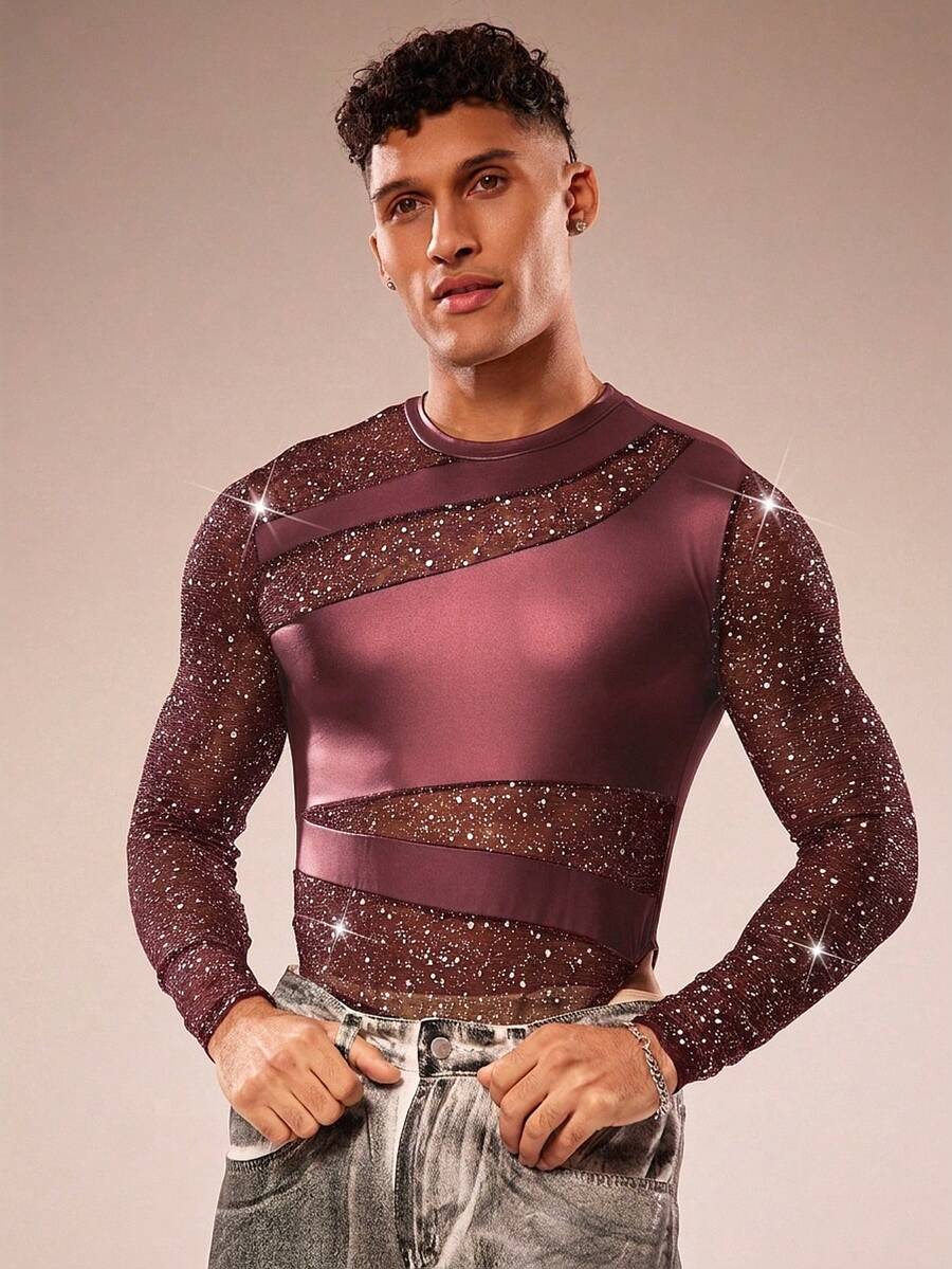 FeverCity Men's Long Sleeve Round Neck Mesh Patchwork Sexy Jumpsuit - Red - View 1