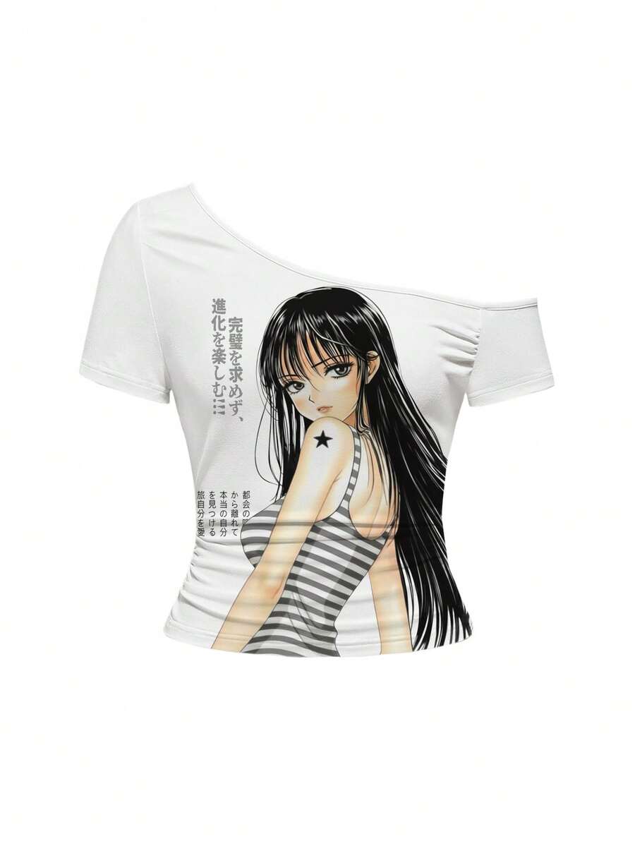 ROMWE Vintage Anime Heroine Graphic Sexy Asymmetrical Shoulder Music Festival T-Shirt For Women - White - View 1