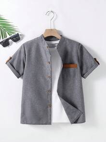 SHEIN Mirajuku 1件青少年男童立领纯蓝色休闲短袖衬衫，适合春夏穿着，百搭实用 - 灰色 - 查看 3