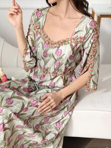 Yasmyna 女士碎花镂空领口开衩袖优雅阿拉伯风格连衣裙夏季长袖连衣裙女士碎花连衣裙碎花长裙花朵印花连衣裙花裙 - 紫色 - 查看 5