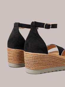 Styleloop Giày sandal đế xuồng kiểu La Mã mới cho nữ mùa xuân hè, quai chéo, cao gót, chống thấm nước, hở mũi, có khóa cài, đế xuồng rơm, giày nữ mùa xuân hè mới. - Màu nâu nhạt - Xem 4