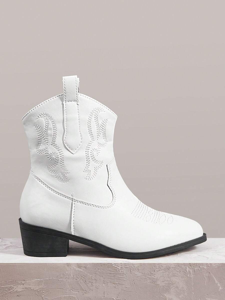 Styleloop Giày bốt nữ màu trắng kiểu miền Tây, bốt da mũi nhọn gót dày cổ chữ V, bốt cao đến đầu gối thêu họa tiết gót thấp và bốt cổ ngắn. - Màu trắng - Xem 1