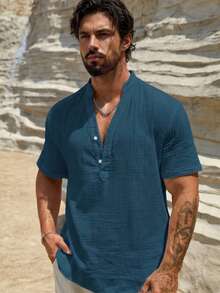 HIMLAND Men's Casual Solid Color Short Sleeve Shirt, Summer , Men's Summer White Linen Beach Top ,Casual V-Neck Henley Short Sleeve Shirt ,Hippie Bohemian Style Loose Fit Blouse ,Lightweight Breathable Yoga Clothing Men ,Solid Color Grandad Collar Tee ,Soft Comfortable Lounge Wear For Guys ,Retro Button Placket T-Shirt ,Men's Breathable Linen Look V-Neck Tee - The Perfect White Shirt ,Men Shirts V Neck Men Shirt Men S Collar Dress Shirts Short Sleeve Half Button Shirt Men Men Tops Men Summer Top - Blue - View 2
