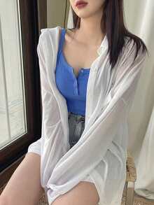 DAZY 女士休闲纯色背心，夏季百搭 - 寶藍色 - 查看 3