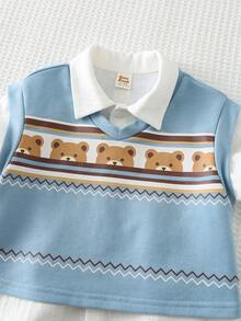 Cozy Pixies Bộ 3 món cho bé trai in hình động vật hoạt hình: áo polo cổ bẻ, áo ba lỗ và quần short cạp chun. - Màu xanh lam - Xem 3