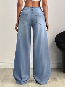 SHEIN Tall Front & Middle Patchwork Zebra Striped Washed Knit Wide Leg Jeans, Tall Women - Light Wash - View 2