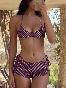 Bonvoyette 2026春夏新款重磅女士波点印花系带三件套比基尼，显瘦性感，休闲沙滩/泳池派对/音乐节/夜店装扮 - 棕色 - 查看 1