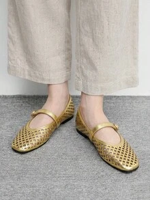 CUCCOO BIZCHIC Spring And Summer Gold Laser Hollow Square Toe Word Belt Comfortable Soft Simple Commuter Women Flat Shoes - Gold - View 6