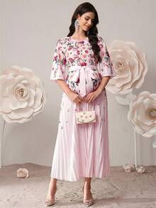 SHEIN 孕妇优雅印花荷叶袖系带连衣裙，度假风 - 淺粉色 - 查看 5