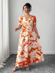 Vestido entallado y acampanado con cuello en V fruncido y mangas abullonadas para tallas grandes - Naranja Coral - Ver 8