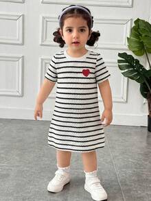 SHEIN 女宝宝可爱夏季优雅针织条纹短袖宽松连衣裙 - 黑與白 - 查看 4