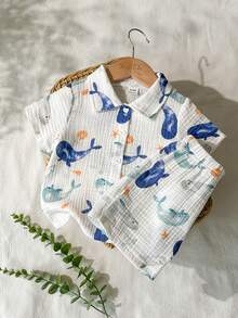 SHEIN Vintaside Kids 男婴海豚印花短袖衬衫和短裤休闲套装 - 藍色 - 查看 3