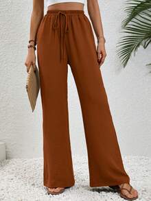 SHEIN Tall Women's Khaki Casual Vacation Style Elastic Waist Drawstring Straight Leg Pants - Brown - View 4