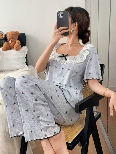 Napfluff Contrast Color Lace Trim Bow Print Women Short Sleeve Pajama Set