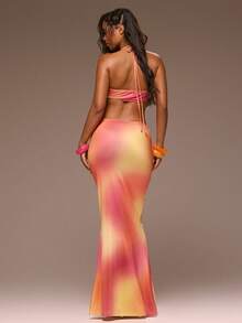 MUSERA Gold Trim Detail Cut Out Slinky Ombre Maxi Dress Girly Spring Summer Vacation Night Out Cute Occassion Golden Sands - Multicolor - View 5