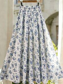 Franclia A字碎花弹力腰休闲半身裙，女士春夏半身裙，适合度假、外出、Y2K风格、春季、夏季、返校季、休闲、海滩、商务等场合，百搭实用，女士蓝白印花休闲半身裙，女士印花半身裙 - 藍白色 - 查看 2