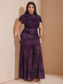 Vestido largo con estampado de talla grande con estilo envolvente, Vestido maxi elegante de mujer de cuello O morado fruncido con mangas transparentes, Vestido maxi de mujer con estampado de teñido anudado y superposición de malla con bajo de cola de sirena, Vestido maxi sofisticado de mujer con estampado morado y detalles fruncidos de manga larga - Multicolor - Ver 4