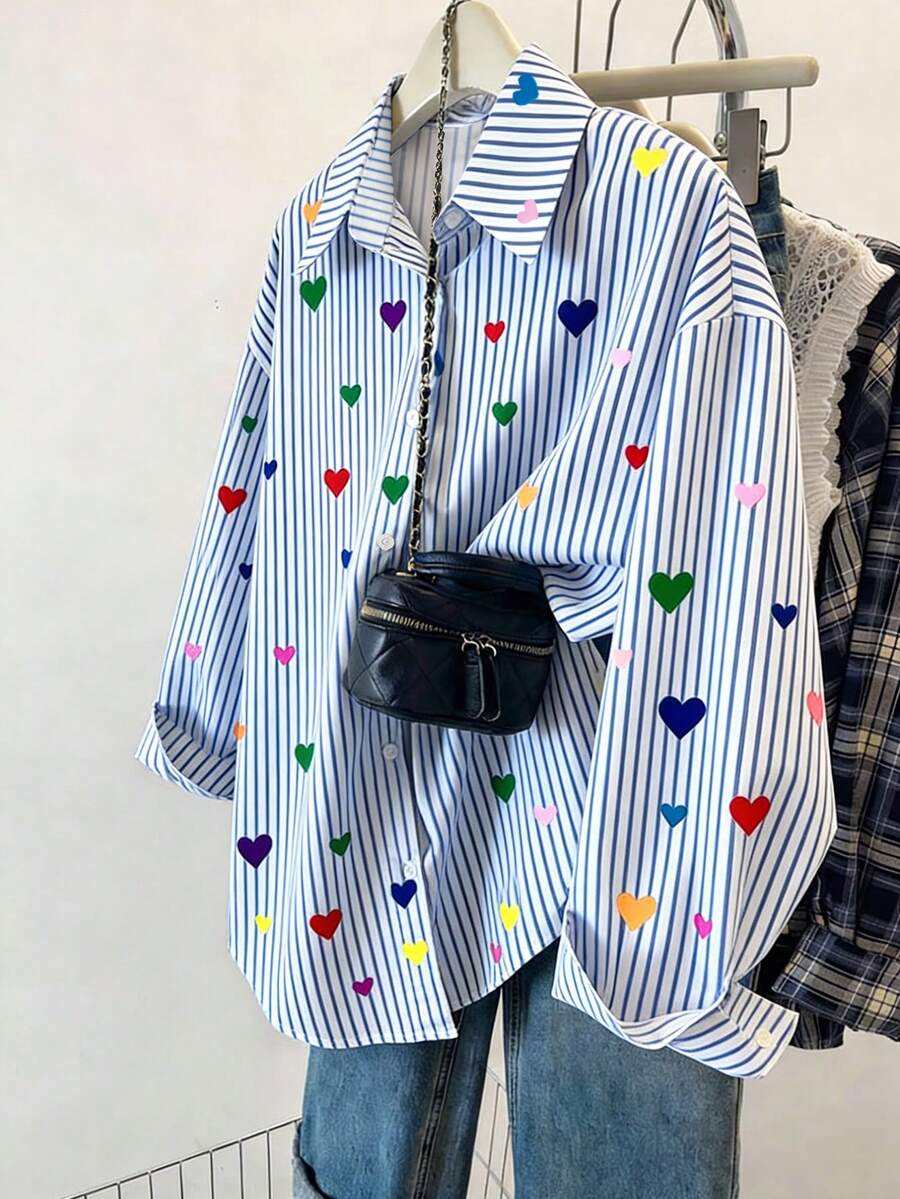 Resyla Women's Striped Heart Print Single-Breasted Casual Versatile Commuting Shirt - Multicolor - View 1