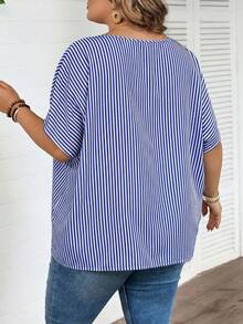 SHEIN CURVE+ Plus Size Summer Casual Striped Batwing Sleeve Shirt - Blue - View 2