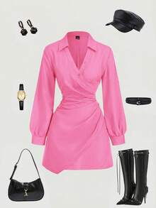 SHEIN MOD 大码女式黑色长袖连衣裙，商务女装，复古风，秋冬款，办公室工作装，黑色衬衫裙，黑色连衣裙，迷你裙，女士黑色连衣裙，女士黑色套装，黑色演唱会服装，女士黑色连衣裙套装，衬衫裙，约会连衣裙 - 粉色 - 查看 1