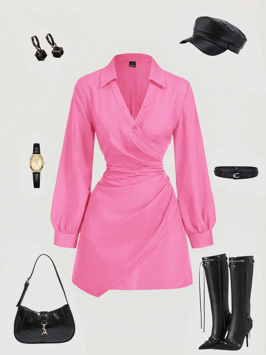 SHEIN MOD 大码女式黑色长袖连衣裙，商务女装，复古风，秋冬款，办公室工作装，黑色衬衫裙，黑色连衣裙，迷你裙，女士黑色连衣裙，女士黑色套装，黑色演唱会服装，女士黑色连衣裙套装，衬衫裙，约会连衣裙 - 粉色 - 查看 1