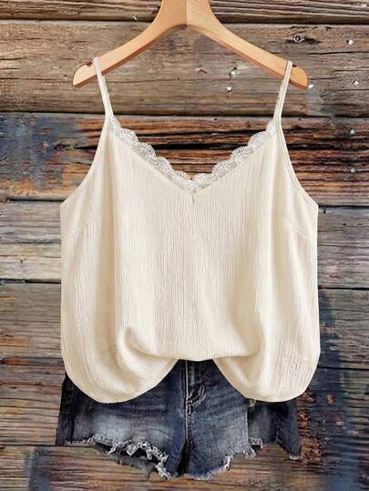 SHEIN VCAY Plus Size Women's Solid Color V-Neck Ruffle Trim Loose Camisole, Summer Bohemian Style, Casual & Romantic Daily Wear