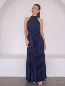 Andrea Bello Valentinstag Damen Kleid mit gerafftem V-Ausschnitt, plissiert, figurbetonter Schnitt & ausgestellter Rock, elegant romantisch - marineblau - Übersicht 4