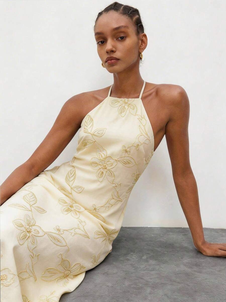 Maija Christmas Party Season Halter Sequin Tassel Dress For Women, Summer Dresses, Summer Clothes, Summer Outfits, Spring Outfit , Spring Dress Women , Festival Dresses , Elegant Party Dresses, Beach Dresses , Beach Outfit For Women ,Beach , Casual Dresses For Women , Casual Women's Dresses, Holiday Outfits For Women, Vacation Outfits For Women, Holiday,Summer Dresses For Women Wedding Guest Dress Women Embroidered Dress Yellow Wedding Guest Dress Women - Apricot - View 1