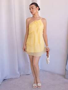 Andrea Bello Summer Beach Vacation Solid Color Apricot Layered Lotus Leaf Cake Mini Dress, Suitable For Daily Dating, Night Out, Nightclubs, Parties, Get-Togethers, Cocktail Parties, Pool Parties, Back-To-School Season Clothes, School Season Dresses, Holiday Dresses, Music Festival Clothes, Country Music Festival Clothes, Concert Clothes,Butter Yellow,Rave Outfits Festival,Summer Dresses For Women Party - Yellow - View 5