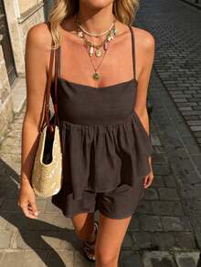 Selianne Standard Size Women's Casual Vacation Camisole Top With Ruffle Hem And Shorts Set, Spring/Summer - Brown - View 4