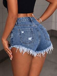 SHEIN ICON 女士春夏棕榈树图案毛边深蓝色牛仔短裤 - 深色水洗藍 - 查看 2