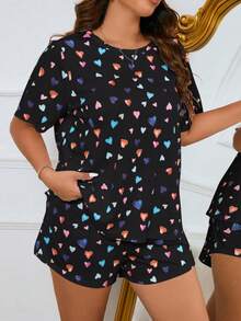 Set de ropa de hogar de talla grande, pijama de camiseta de manga corta y pantalones cortos con estampado - Negro - Ver 2
