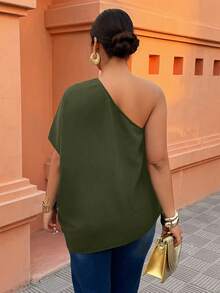 SHEIN LUNE Áo kiểu cỡ lớn màu đen - Thiết kế lệch vai, chất liệu vải rủ, kiểu dáng thanh lịch, thời trang, phù hợp mặc hàng ngày và đi làm, áo mùa xuân hè. - xanh quân đội - Xem 2