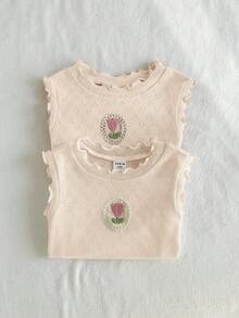 Loomiva 2pcs Baby Girl Cartoon Strawberry Knitted Soft Crew Neck Sleeveless Top Set - Mustard Yellow - View 3