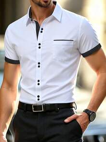 Calvornis Men's Summer Casual Commuting Color Block Patchwork Short Sleeve Shirt, Black And White Dress Shirts, Formal, Ceremony - White - View 1