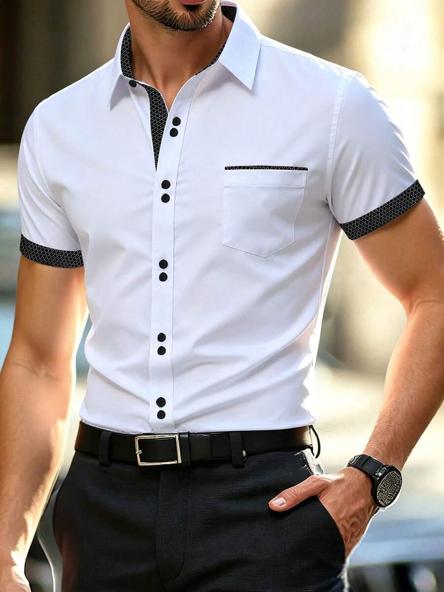 Calvornis Men's Summer Casual Commuting Color Block Patchwork Short Sleeve Shirt, Black And White Dress Shirts, Formal, Ceremony - White - View 1