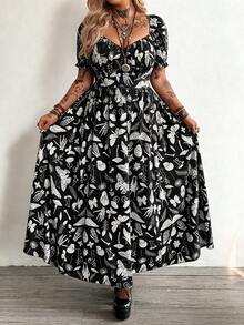 Whyspr Plus Size Punk Style V-Neck Printed Long Dress, Spring/Summer - Black - View 4