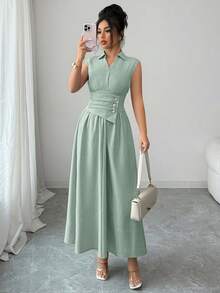 SHEIN Elenzya 女士春夏翻领收腰纯色纹理面料A字长连衣裙，适合通勤、外出等场合 - 灰綠 - 查看 3