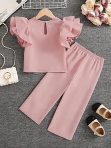 SHEIN Elladie kids 少女简约时尚短袖T恤和裤子套装 - 粉色 - 查看 2