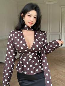 Modelyn 咖啡色波点露背收腰复古女式西装外套 - 棕色 - 查看 1