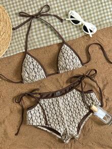 SHEIN Swim Vcay 白色蕾丝面料，侧系带设计，优雅性感女士泳衣套装 - 彩色 - 查看 1