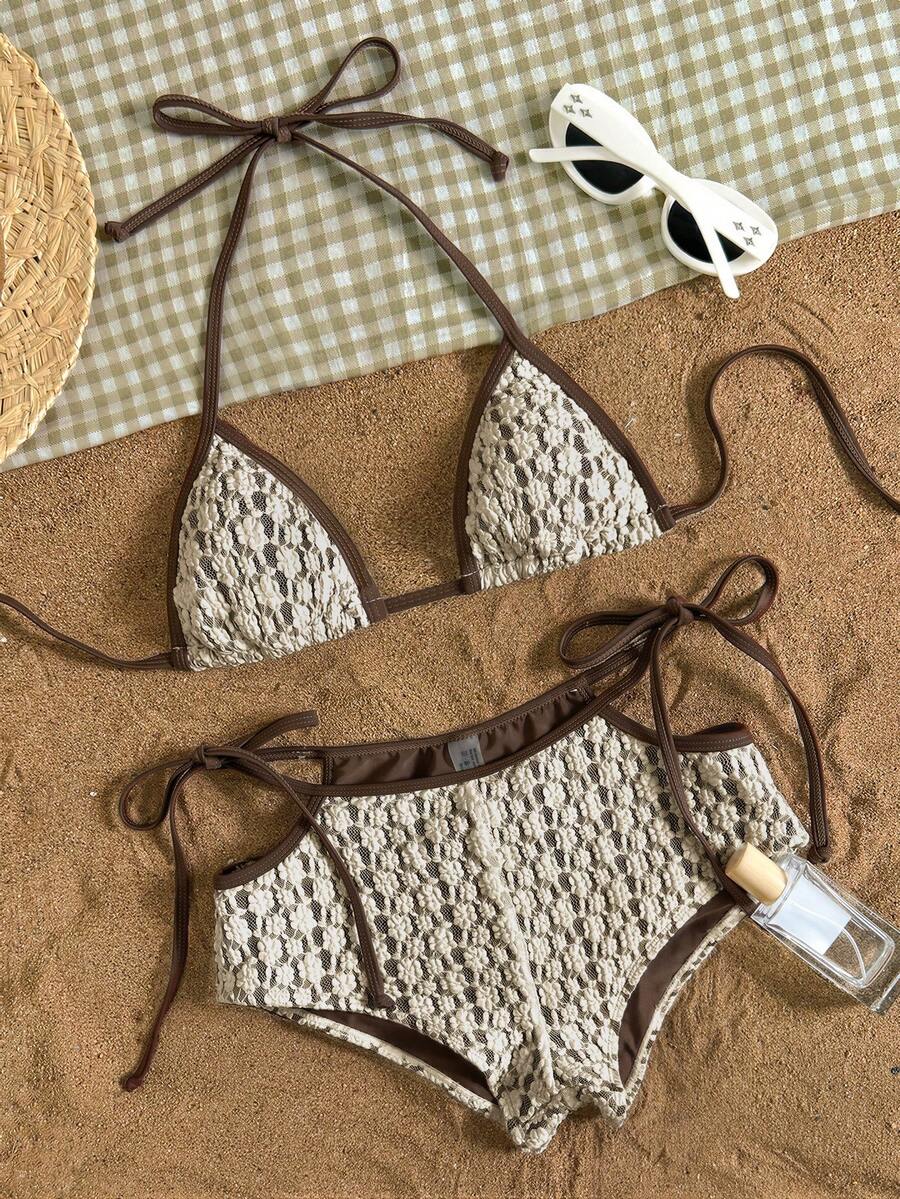SHEIN Swim Vcay 白色蕾丝面料，侧系带设计，优雅性感女士泳衣套装 - 彩色 - 查看 1