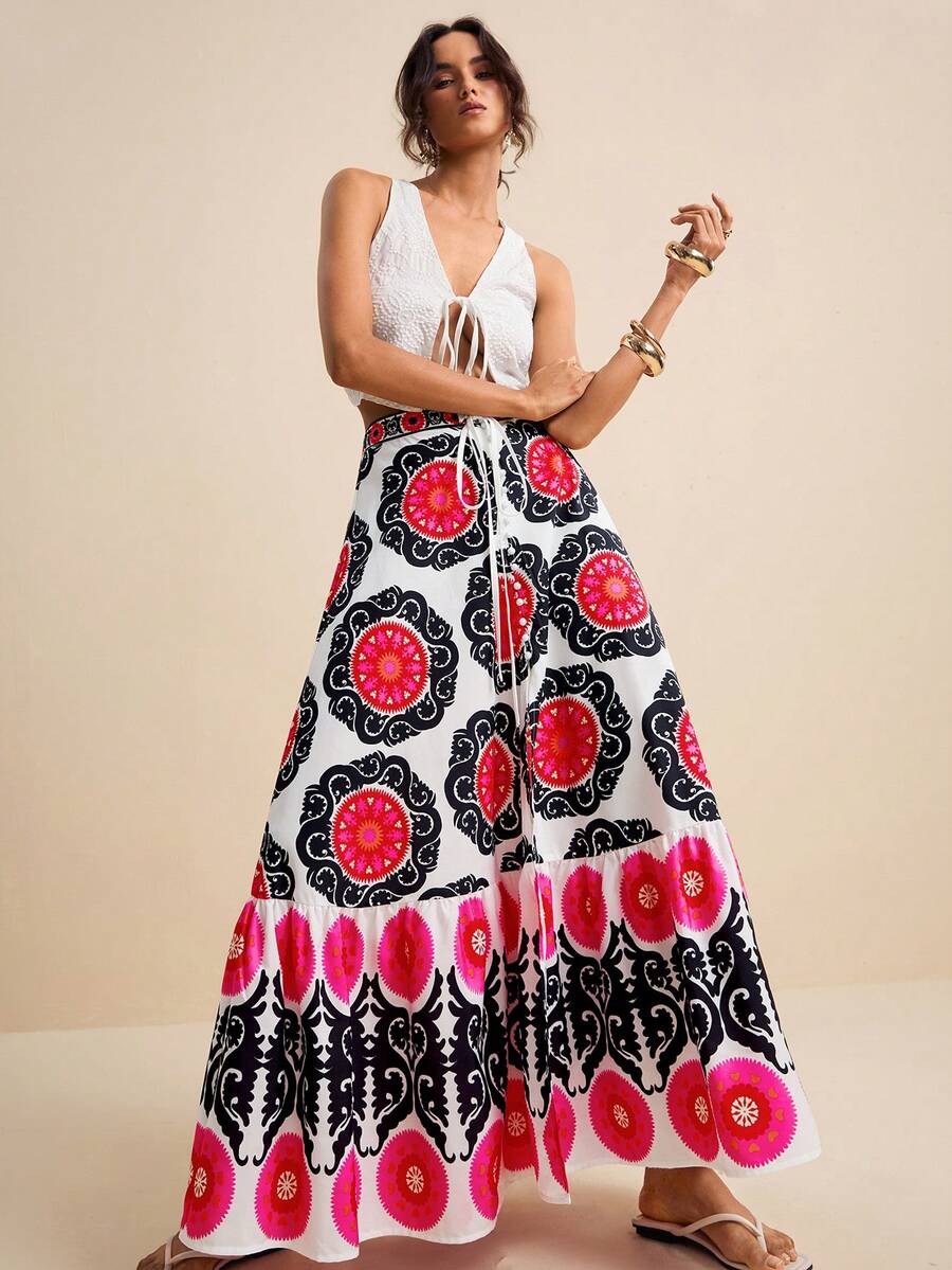 LOTSLUV Chân váy nữ phong cách Bohemian, họa tiết totem, cạp xoắn, xẻ tà cao, thích hợp cho kỳ nghỉ xuân/hè. - Nhiều màu - Xem 1